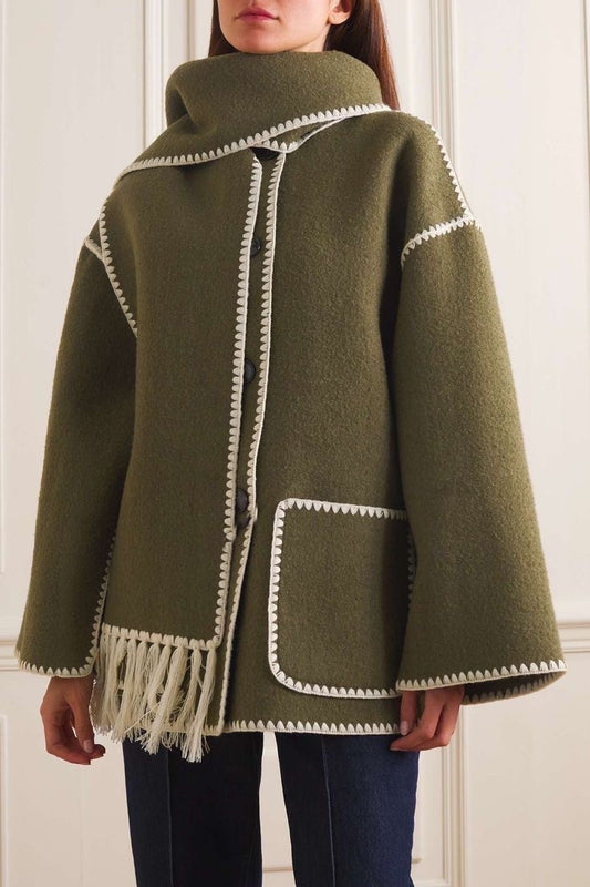 Olive Green Jacket with Scarf - pockets and embroidery around in beige color